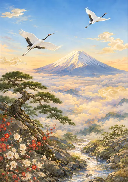 Cranes over Mount Fuji｜富士山に舞う鶴 - Cozy Mochi Studio