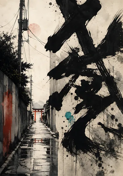 Japanese Torii Wall Art - Sumi Ink Rainy Alley Fine Art Print - Sumi Street Japan