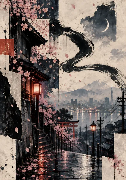 Japanese Sakura River Wall Art - Crescent Moon Sumi Ink Fine Art Print - Sumi Street Japan