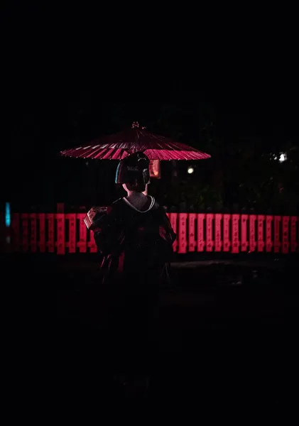 Crimson Fence at Night, Kyoto – Maiko Silhouette Photography Print - ヨシダトクジ