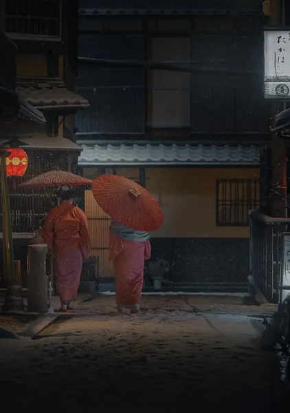 Snowy Gion Street, Red Kimono – Maiko with Paper Umbrellas Photography Print - ヨシダトクジ