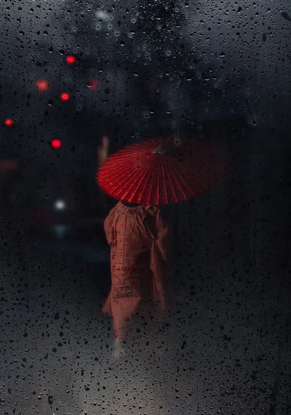 Kyoto Rainy Night, Red Umbrella – Maiko Through Rain-Streaked Glass Photography Print - ヨシダトクジ