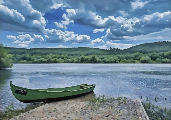 Green Fishing Boat on the Tagus River Near Almourol Castle, Portugal - Hecate Pim