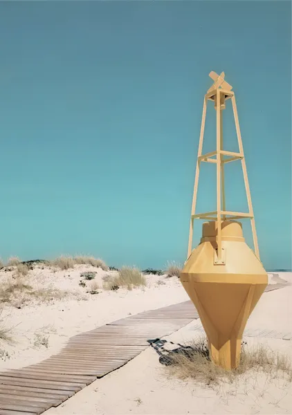 Bold Yellow Maritime Buoy on Armona Island with Blue and Turquoise Sky - Hecate Pim