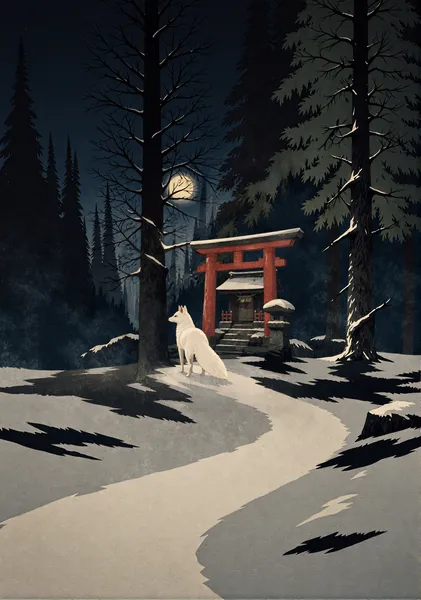 白狐と神社 - しのぶ