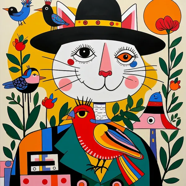 帽子猫と小鳥たちの陽気な庭園 | レトロポップアートポスター - Studio Moderno