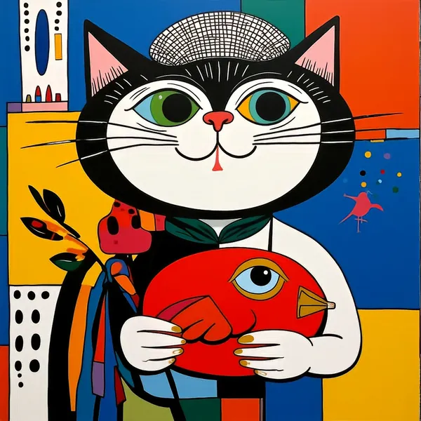 赤い鳥を大切に抱く帽子猫  - Studio Moderno