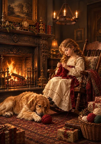 作品タイトル  暖炉のそばのクリスマス 〜少女とゴールデンレトリバーの冬物語〜  英語タイトル  Christmas by the Fireplace — A Winter Tale of a Girl and Her Golden Retriever - 愛子coco cloche