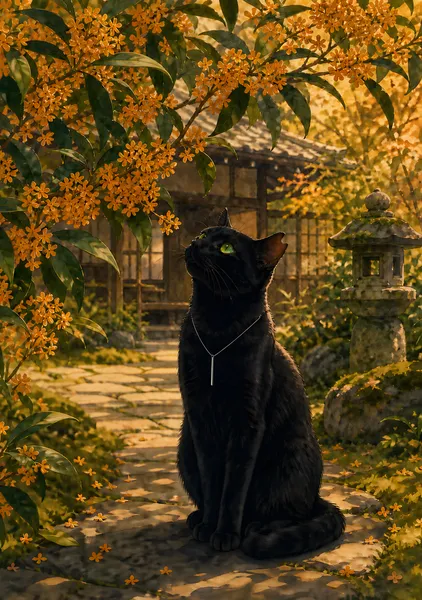 金木犀と黒猫 ― 黄金の秋の庭 - Solace Garden