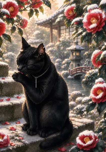 椿と黒猫 ― 穏やかな日本の冬 - Solace Garden
