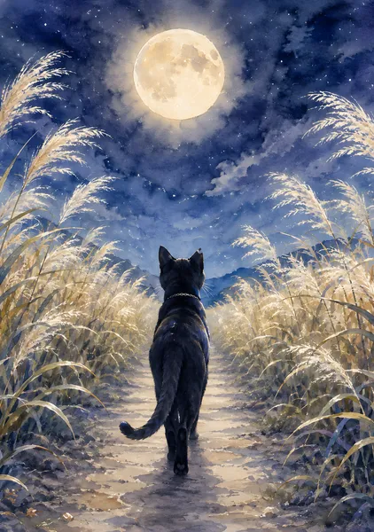 ススキと黒猫 ― 満月へ続く秋の道 - Solace Garden