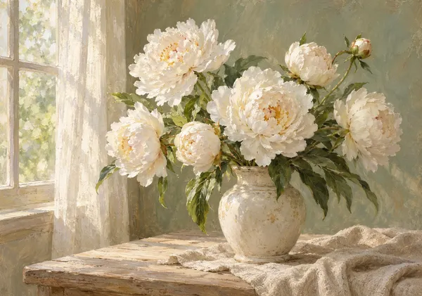 朝の光と白牡丹-White Peonies in Morning Light - Kojiron