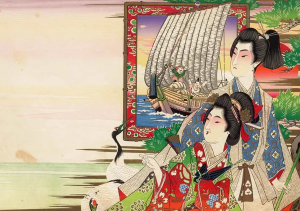古典的な女性たちの集い 絵画　壁飾り Japanese Wall Art Print - Two Women and a Decorative Curtain