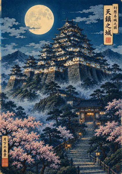 Original Japanese Castle Ukiyo-e Collection - Moonlit Castle - Guts