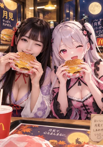 月見バーガーを食べる二人 - 1124英太