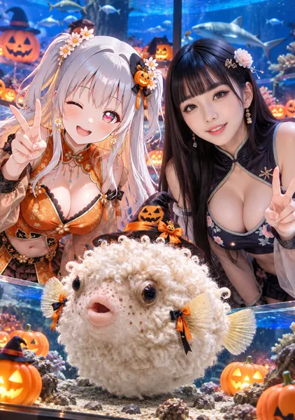 銀髪の美少女と黒髪ロングの美女と羊フグ - 1124英太