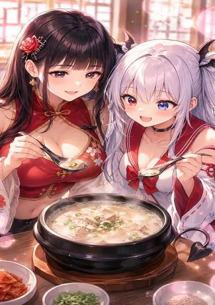 サムタンゲンを食べる黒髪ロングの美女と銀髪の美少女 - 1124英太
