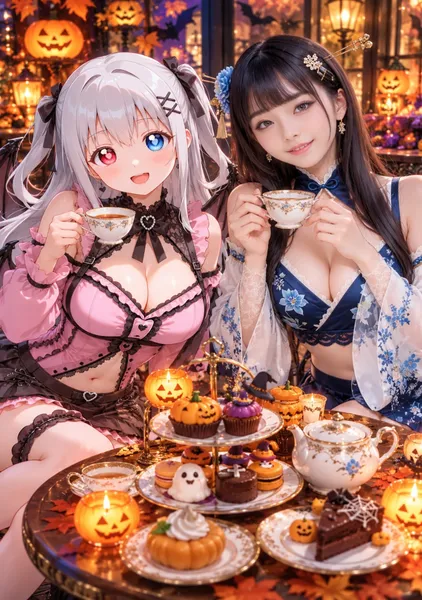 ハロウィンでお茶を飲む銀髪の美少女と実写の美女 - 1124英太