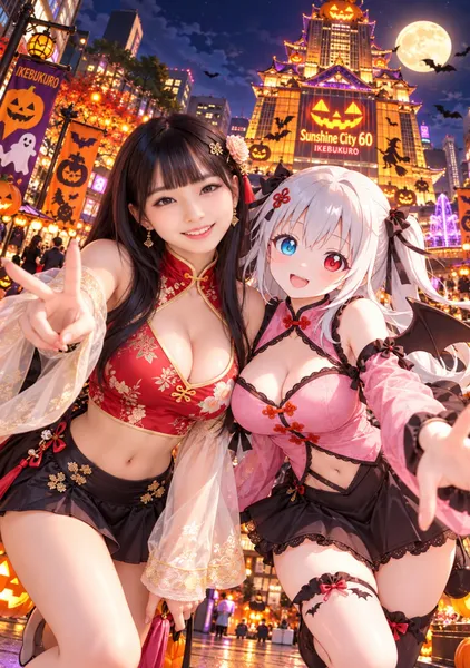 ハロウィンのお城を見に行く銀髪の美少女と黒髪ロングの美女 - 1124英太