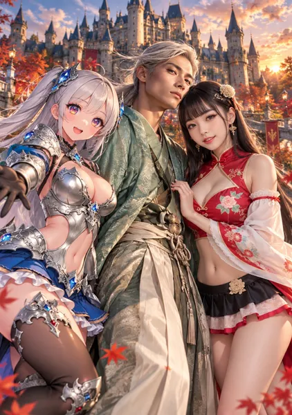 お城に行くイケメンと美女とアニメの美少女 - 1124英太