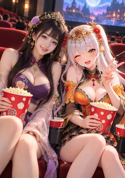 映画を見る黒髪ロングの美女と銀髪の美少女 - 1124英太