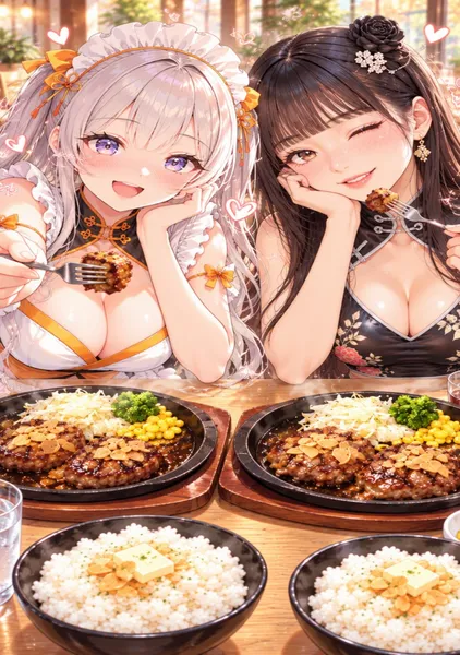 ハンバーグを食べる二人 - 1124英太