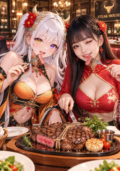 Tボーンステーキを食べる銀髪の美少女と黒髪ロングの美女 - 1124英太