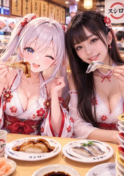 回転寿司で食べる2人 - 1124英太