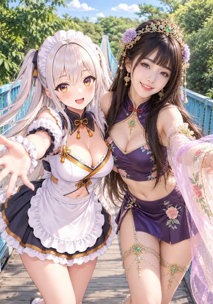 吊り橋と銀髪のメイドと黒髪ロングの美女 - 1124英太