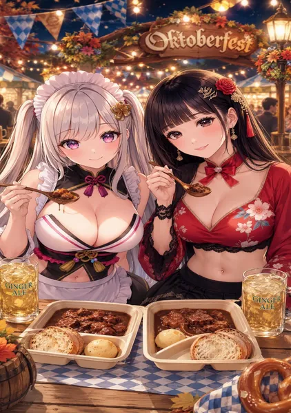 オクトバーフェストでビーフシチューを食べる美女と美少女 - 1124英太