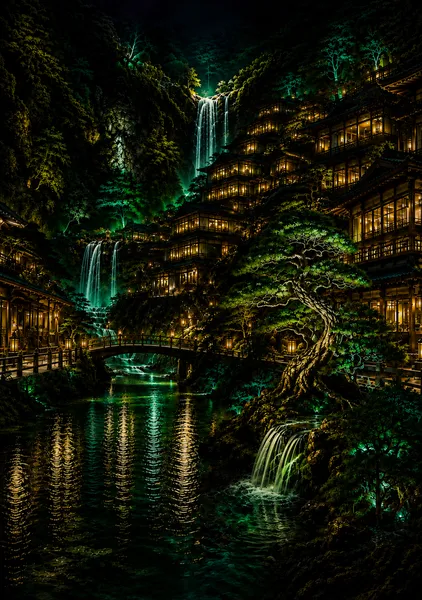 エメラルドの秘境旅館 ― 滝と灯りの幻想郷 - BONSAIREALMS