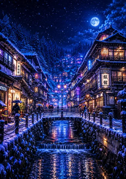 Moonlit Serenity — Ginzan Onsen - BONSAIREALMS