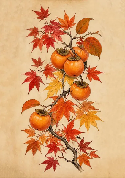 Autumn Persimmon & Crimson Maple — 秋彩柿紅葉 - pierre