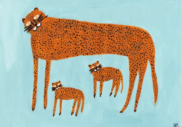 Leopard and baby leopard on blue. - Nancy McKie