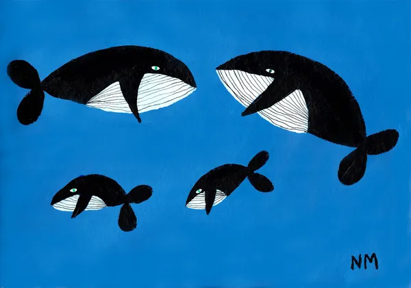 Whale family on blue. - Nancy McKie