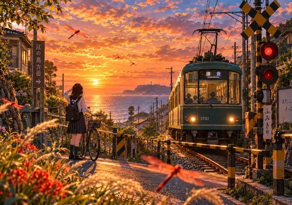 Enoshima Tram and Red Dragonflies at Dusk / 江ノ電と赤とんぼの夕暮れ - tas