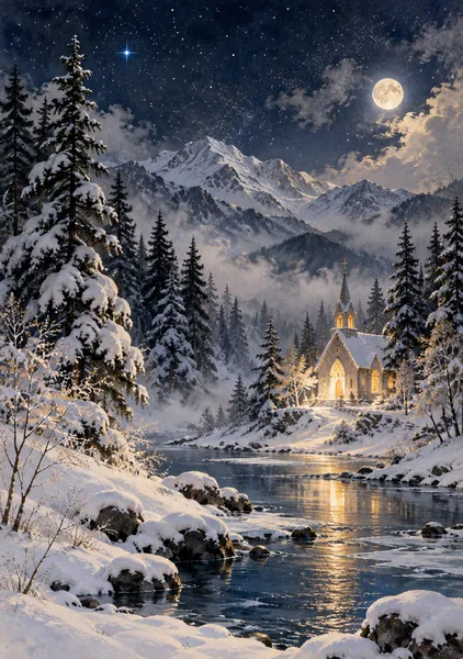 【White Christmas Collection — 聖夜の光】雪の村を見おろす聖夜 - 青星