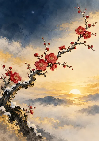 【季のしつらえ — 冬から春へ】紅梅と黄金の夜明け - 青星