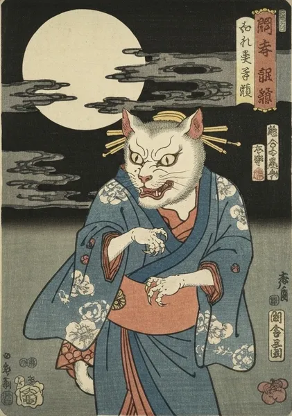 化け猫娘月浮世絵Bakeneko Girl Moon Ukiyo-e - 縁糸