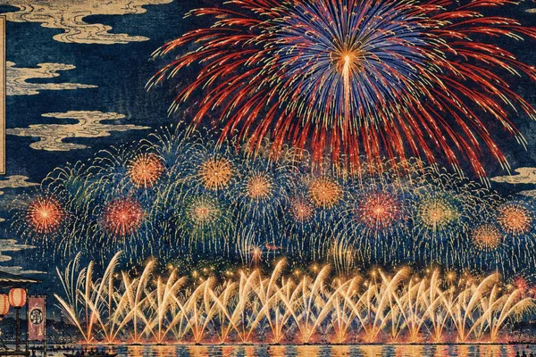 なにわ淀川花火大会浮世絵1 Naniwa Yodogawa Fireworks Festival Ukiyo-e 1 - 縁糸