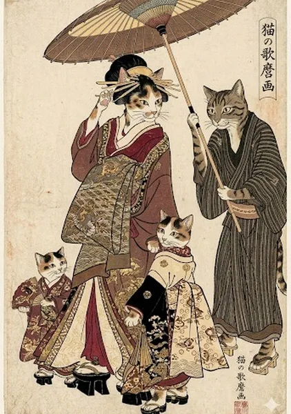 猫花魁道中浮世絵　Cat Oiran Procession Ukiyo-e - 縁糸