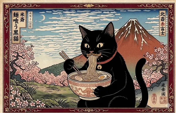 黒猫ラーメン赤富士浮世絵Black Cat Ramen Red Fuji Ukiyo-e - 縁糸