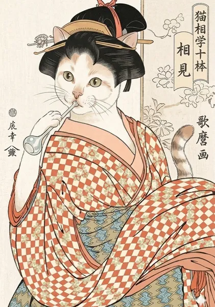 ビードロを吹く猫娘浮世絵Cat Girl Blowing a Glass Pipe Ukiyo-e - 縁糸