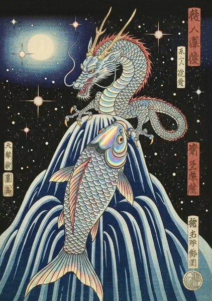 鯉滝登り宇宙龍浮世絵Koi Climbing Waterfall Cosmic Dragon Ukiyo-e - 縁糸