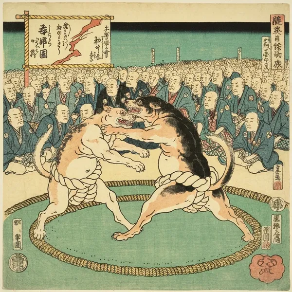 犬相撲浮世絵　Dog Sumo Ukiyo-e - 縁糸