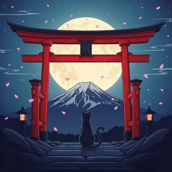 黒猫鳥居後ろ姿浮世絵Black Cat Torii Back View Ukiyo-e - 縁糸