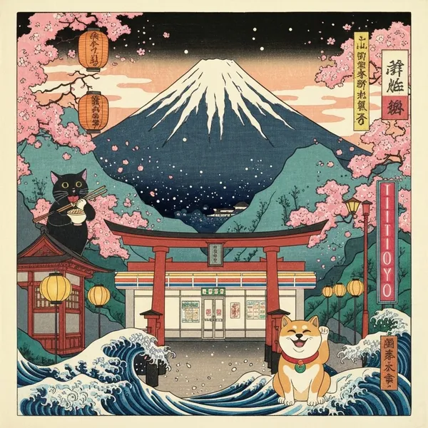 日本富士山コンビニ浮世絵Japan Mount Fuji Convenience Store Ukiyo-e - 縁糸