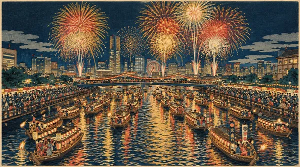 大阪天神祭り船渡御奉祝花火浮世絵Osaka Tenjin Festival Boat Procession and Celebratory Fireworks Ukiyo-e - 縁糸