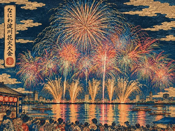 なにわ淀川花火大会浮世絵5 Naniwa Yodogawa Fireworks Festival Ukiyo-e 5 - 縁糸