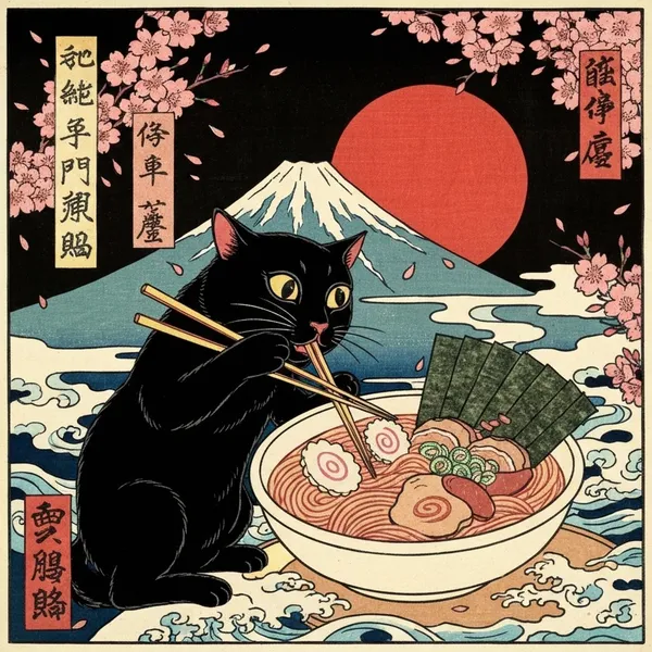 黒猫ラーメン富士日浮世絵Black Cat Ramen Fuji Sun Ukiyo-e - 縁糸